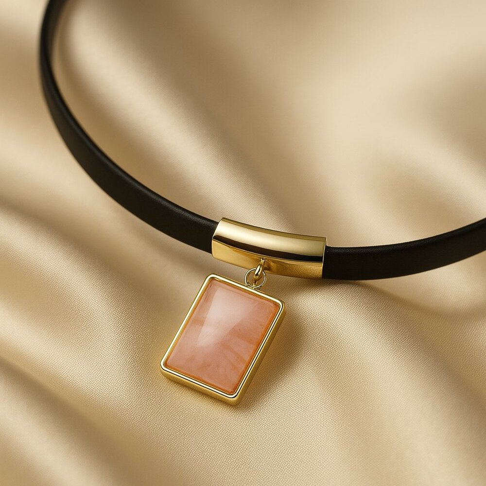 Black Choker Necklace with Pink Pendant – Elegant Gothic Fashion Jewelry - 12-in
